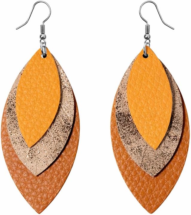 Leather Teardrop Dangle Earrings for Women – Lightweight Vintage Brown and Silver Wire Drop Hook Earrings, Boho Western Rustic Statement Jewelry Gift