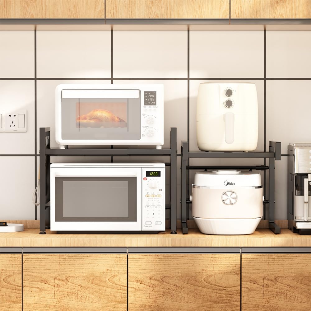 BTGGG Étagère extensible à 2 niveaux en métal pour four à micro-ondes - Support de boulanger de cuisine - Organiseur de rangement avec 4 crochets - Capacité de charge de 20 kg