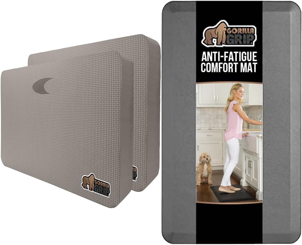Gorilla Grip Kneeling Pad and Kitchen Floor Mat, Thick Kneeling Pad in 17.5x11 Inch Water Resistant, Kitchen Floor Mats in 17" x 24" x 3/4" Inch Waterproof, Both in Gray, 2 Item Bundle