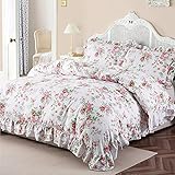 ZJZC Art Ruffle Duvet Cover Set Queen, 100% Cotton Rose Floral Duvet Cover Farmhouse Vintage Shabby and Chic 3 Pieces with Pillow Shams (Rose, Queen)
