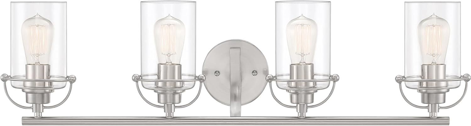Quoizel Emerson Bath Vanity Lights, 33 Inch 4-Light Brushed Nickel Bathroom Lighting Fixtures Over Mirror, Clear Glass Shades, Transitional Wall Mount Light for Bathroom