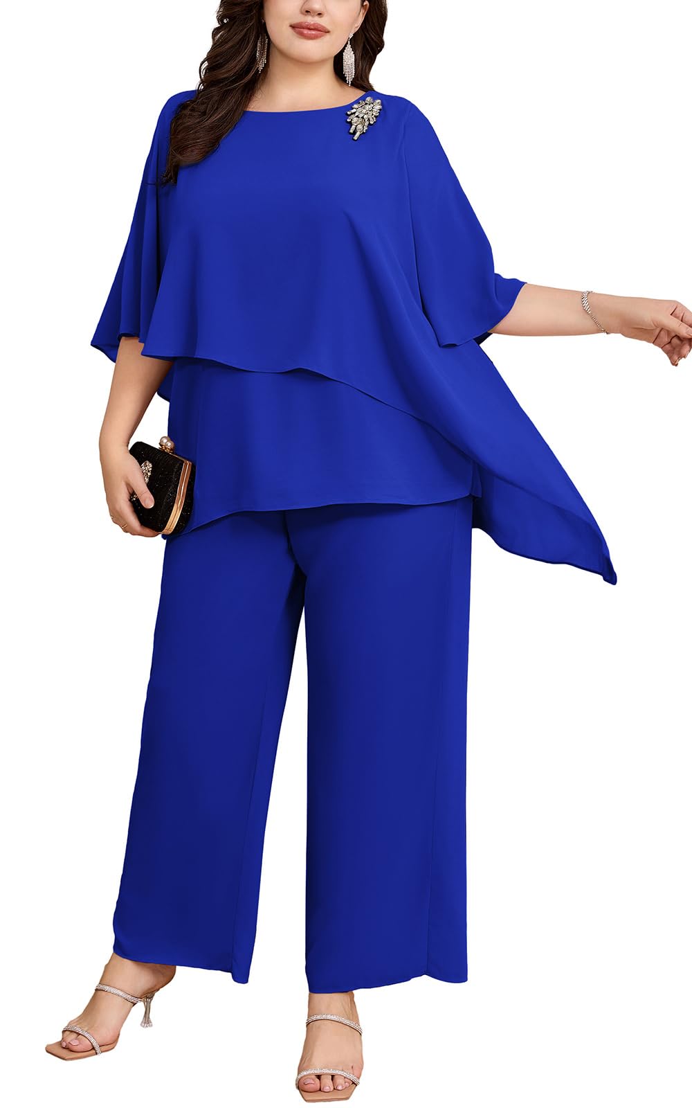 Hanna Nikole Completo da sera elegante da donna, taglie forti, set da 2 pezzi, per cocktail party, festivo, con camicia in chiffon a due pezzi e pantaloni a vita alta, Blu reale, 24 Plus