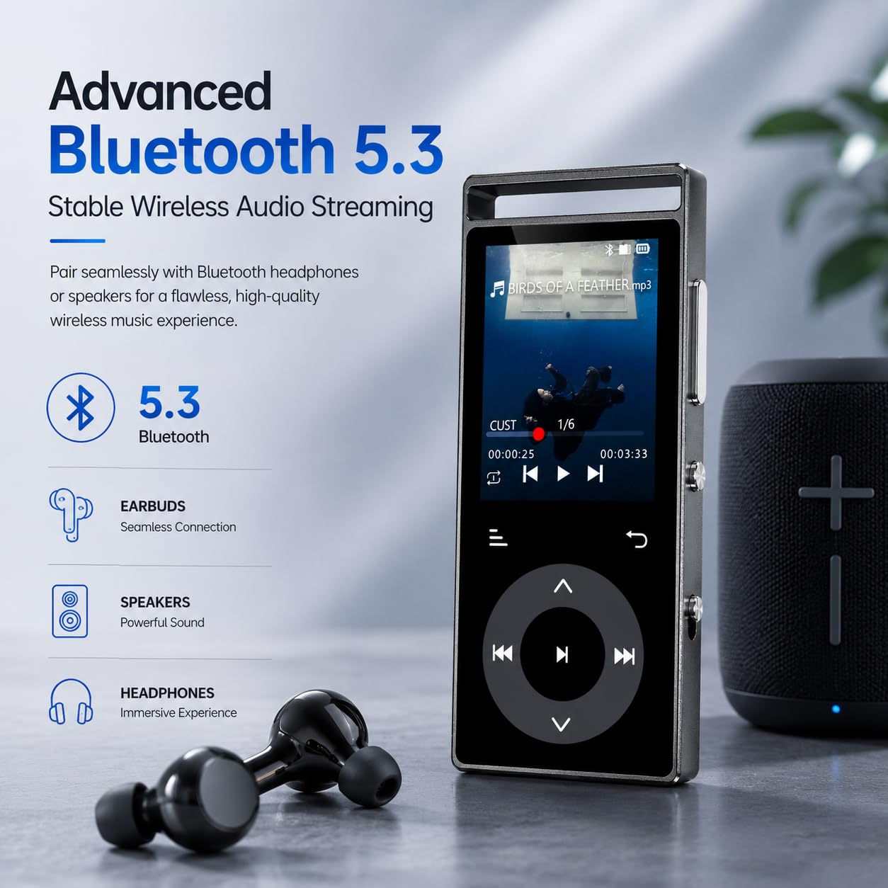 90GB MP3 Player Bluetooth 5.3, HiFi-Sound MP3-Player mit Touch-Tasten | MP3 mit Musik, Farbdisplay, Metallgehäuse, E-Book, FM-Radio, Kopfhörer, Speicher bis 128 GB erweiterbar (Schwarz)