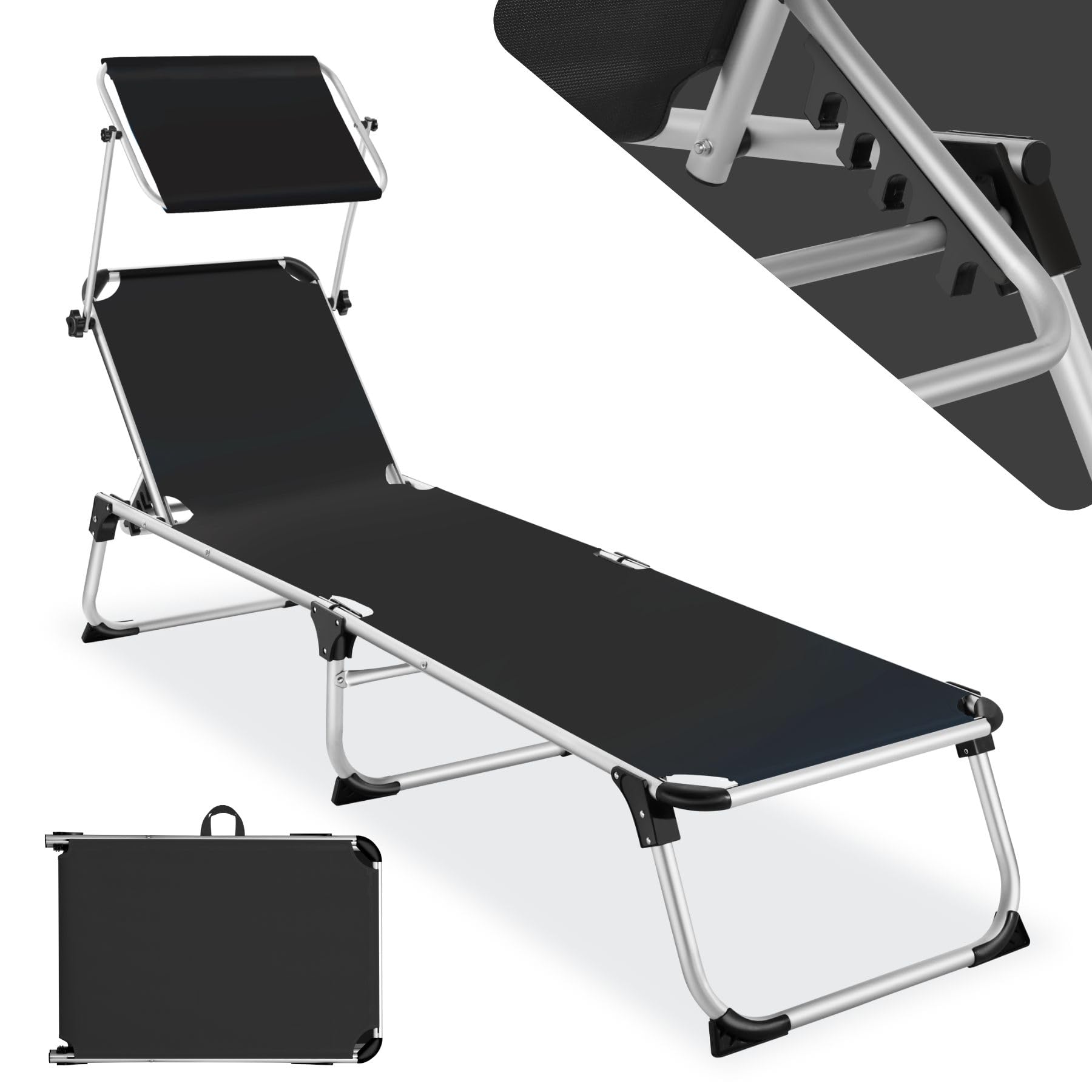 tectake® Sdraio da Spiaggia, Schienale Regolabile in 6 Posizioni, Parasole, Lettino Pieghevole e Trasportabile, Sdraio da giardino, Lettino Prendisole, Pratiche Maniglie (Nero)