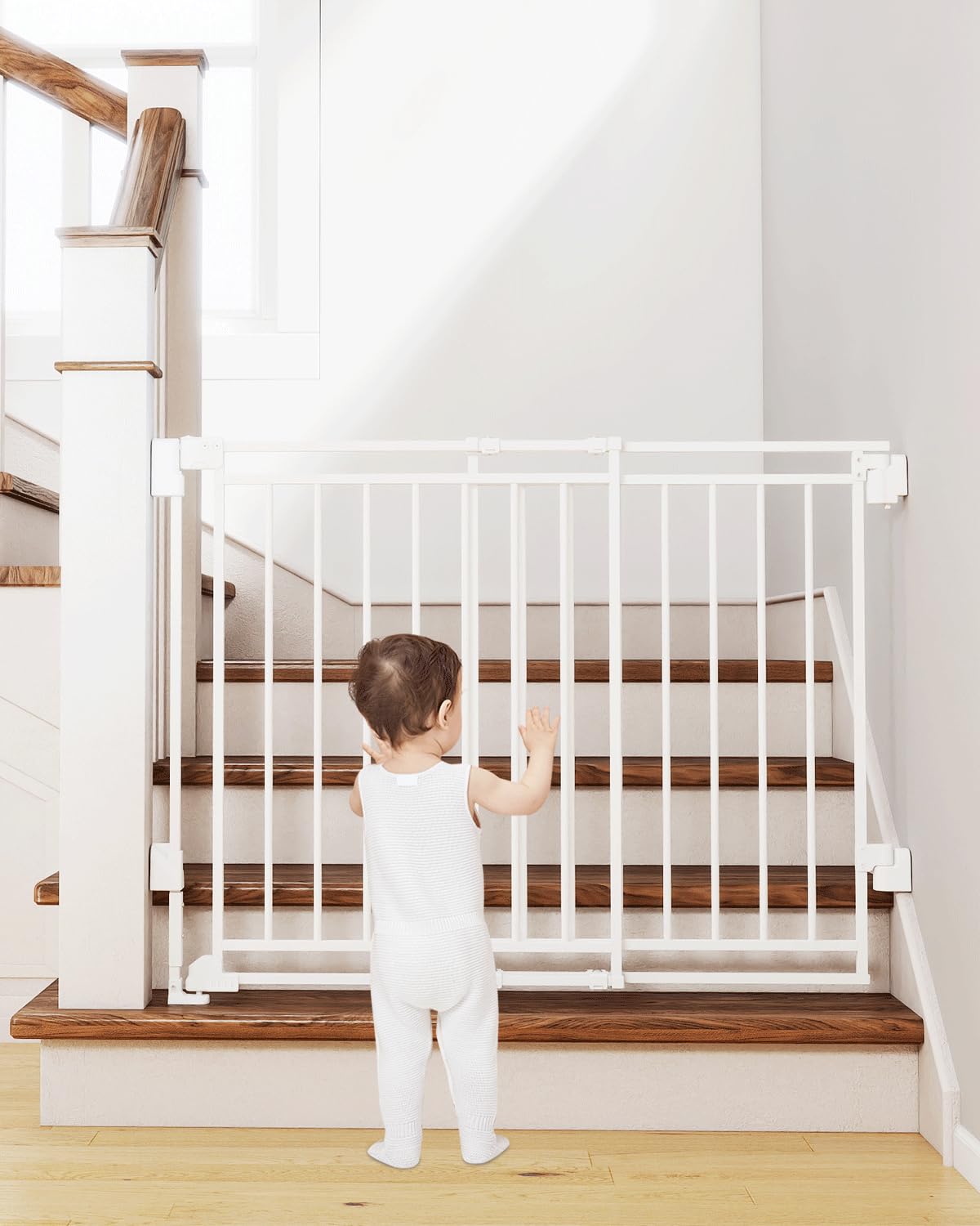 Miumoon 26.5-43" No Bottom Bar Baby Gate for Stairs and Doorways, 29" Tall Hardware-Mounted Baby Gate for Top and Bottom Stairs, Auto-Close Dog Gate