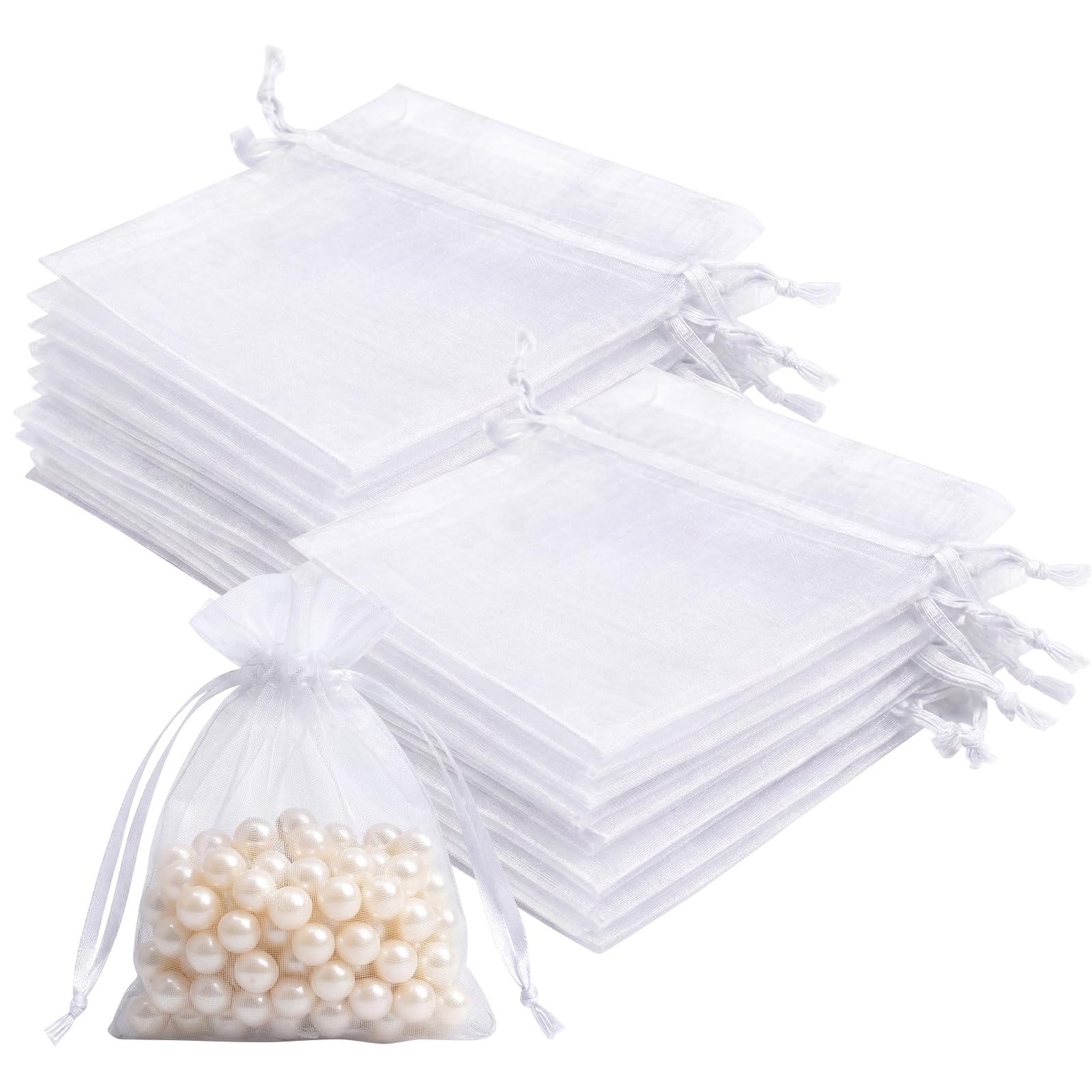 Lafefe 50Pcs Organza Gift Pouches, 7x9CM Clear Mesh Drawstring Pouches, Organza Gift Bags for Wedding Favours, Party, Festival, Candy and Game Favour Bags - White