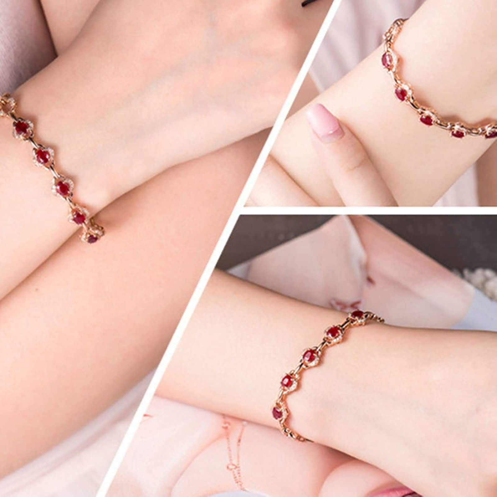 Kette Armband Roségold 9 Karat / 14 Karat / 18 Karat für Damen, Hohlblume und Oval mit Erstellter Rubin 1,26 Karat und Diamant, 16 CM + 5 CM Verlängerung, Rosegold Armband Damen