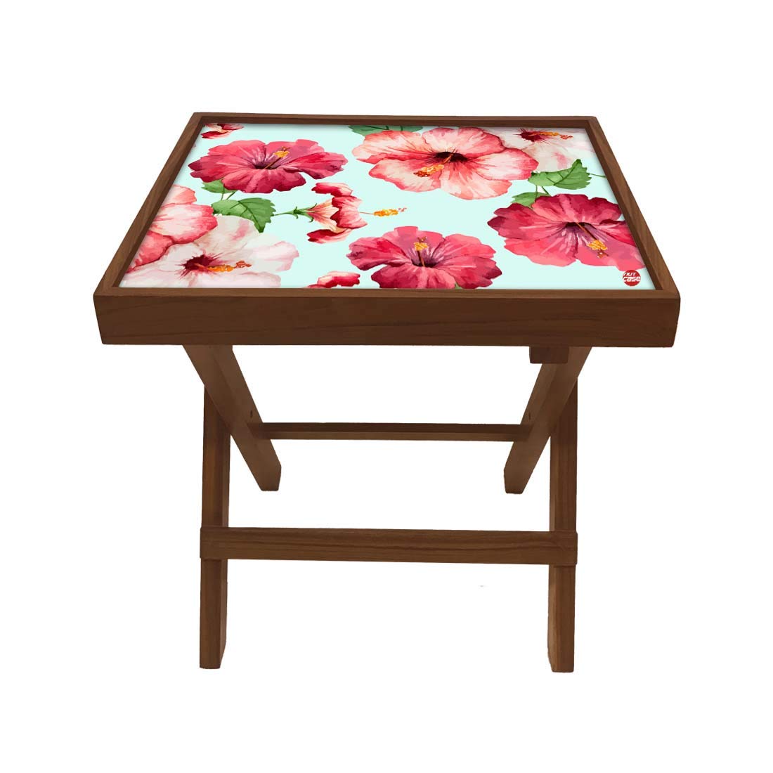 Nutcase Designer Teak Wood Side Table Folding Wooden Bedside Coffee Outdoor Picnic Table - Hibiscus Floral