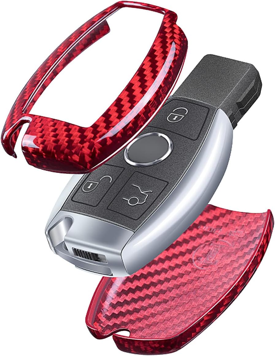Genuine Carbon Fiber Key Fob Cover for Mercedes-Benz A Class B C E S G M V Class CLA CLS GLA GLC GLE GLK GL GLS SL SLK SLC Viano for Metris Car Remote Key Case for Men Women - Red