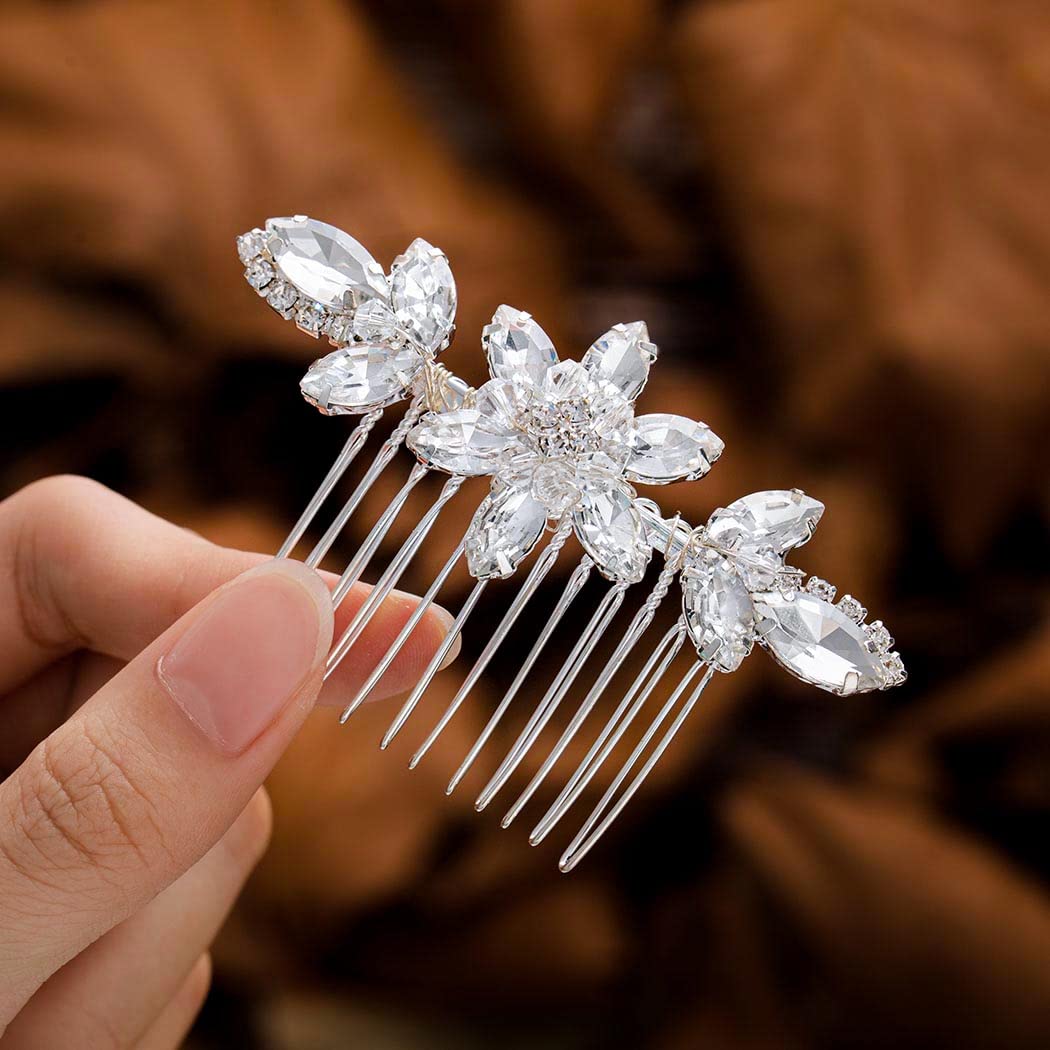 Foyte Crystal Bride Wedding Hair Comb Silver Rhinestone Bridal Headpieces Pearl Hair Pieces Bridesmaid Side Combs Hair Accessories for Women (rhinestones)