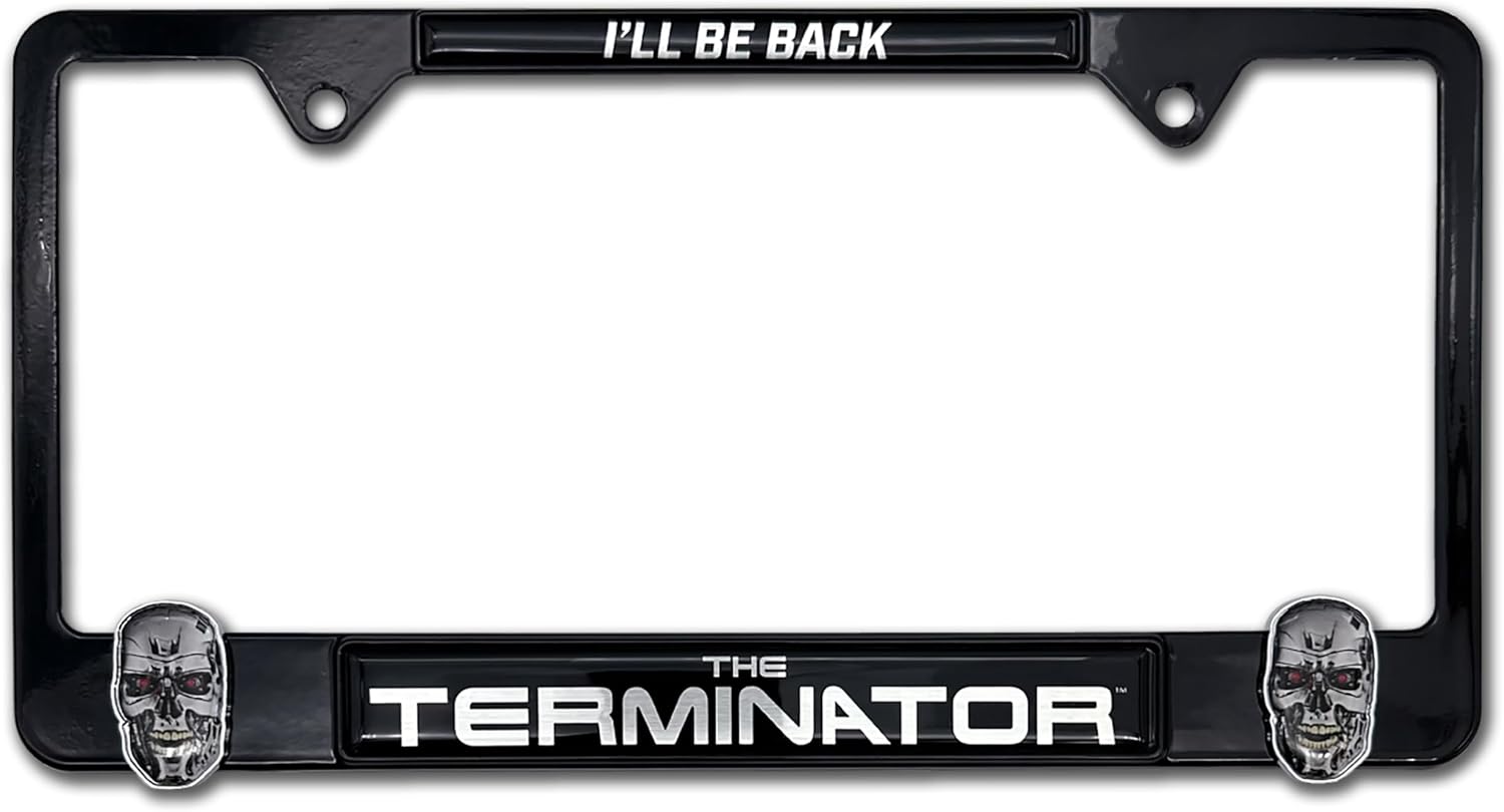 Elektroplate Officially Licensed – Terminator I'll Be Back Black All-Metal Open Corner License Plate Frame Tag Holder for Cars/SUVs/Trucks Weather-Proof Automotive Accessory