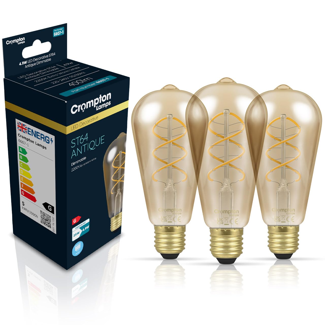 Crompton Lamps Filament ST64 LED Light Bulb ES-E27 | 4.9W = 35W Equivalent | Extra Warm White 2200K | Energy Efficient | Edison Screw Lightbulb | Antique Bronze Glass | Dimmable | 3-Pack