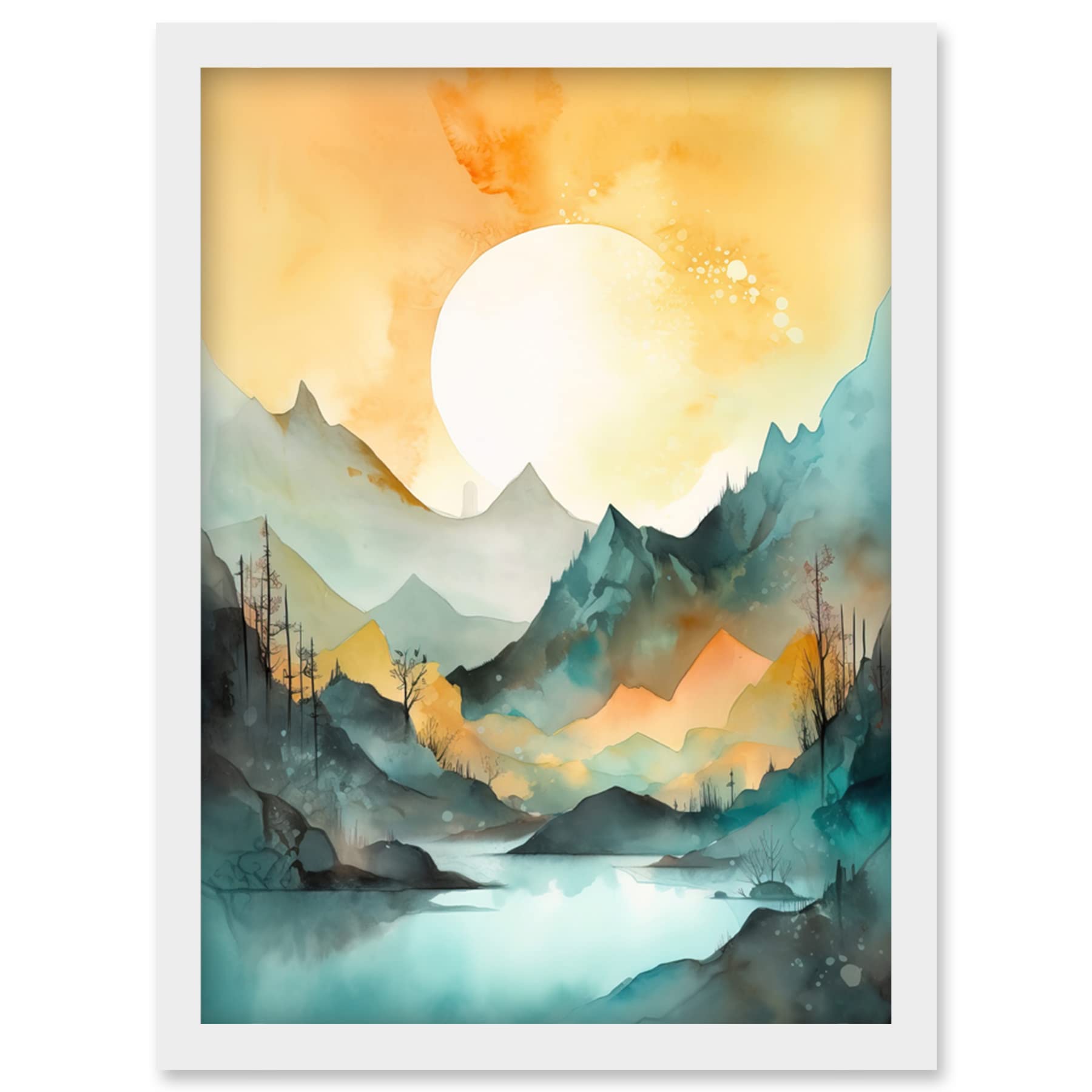 Artery8 Watercolour Painting Artwork - Pastel Teal and Orange Lakeside Landscape - Framed Wall Art Print A4