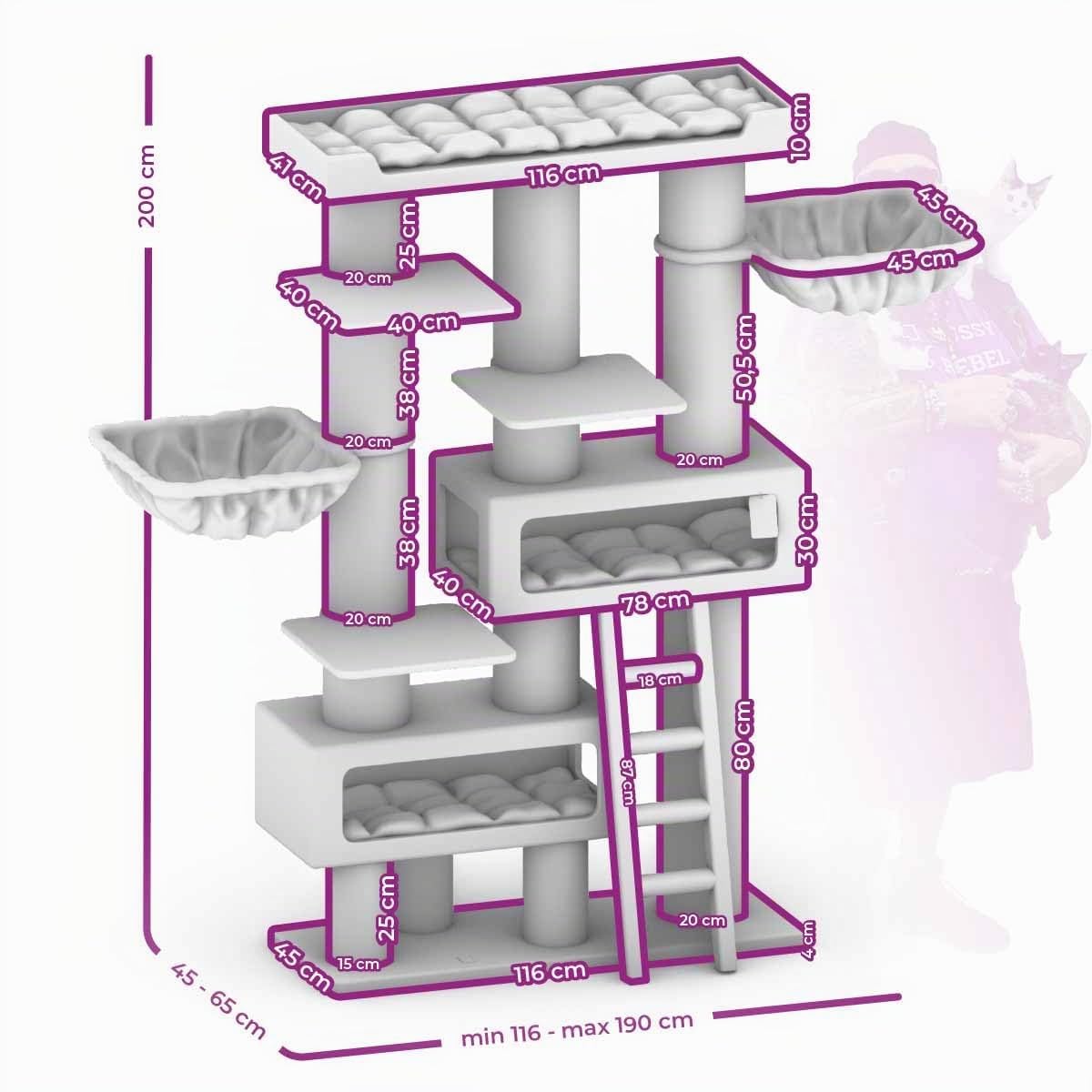 Petrebels Maine Coon Arbre à chat XXL de 2 mètres de haut, arbre à chat pour grands chats, extra stable pour plusieurs chats, 2 hamacs, 2 grottes pour chat, Sibérie 200, arbre d'escalade épais de 20