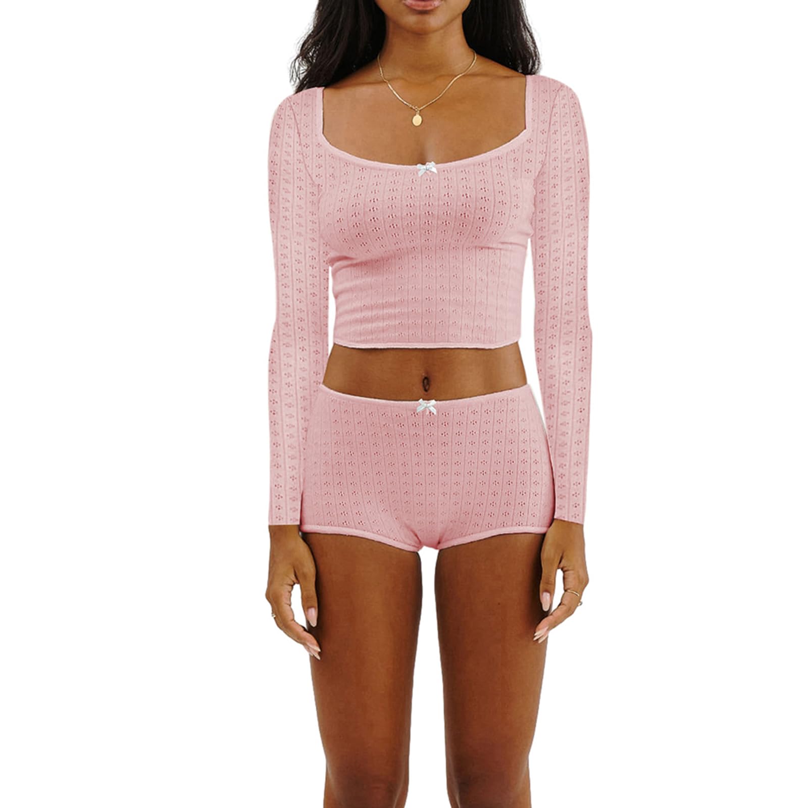 FULA-baoCute Pajama Sets for Women 2 Piece Outfit Ribbed Knit Long Sleeve Top and Shorts Lounge Sets Matching PJ Set