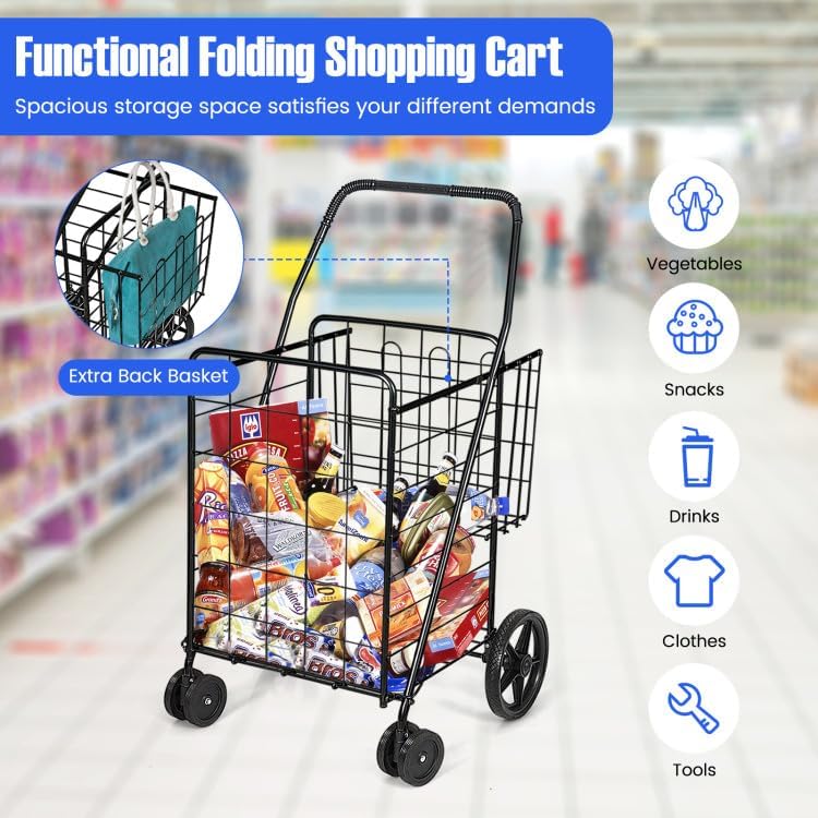Miniatura 4 de Safeplus Carrito de compras plegable, carrito utilitario resistente con ruedas giratorias y cesta doble, carrito de comestibles para comestibles,