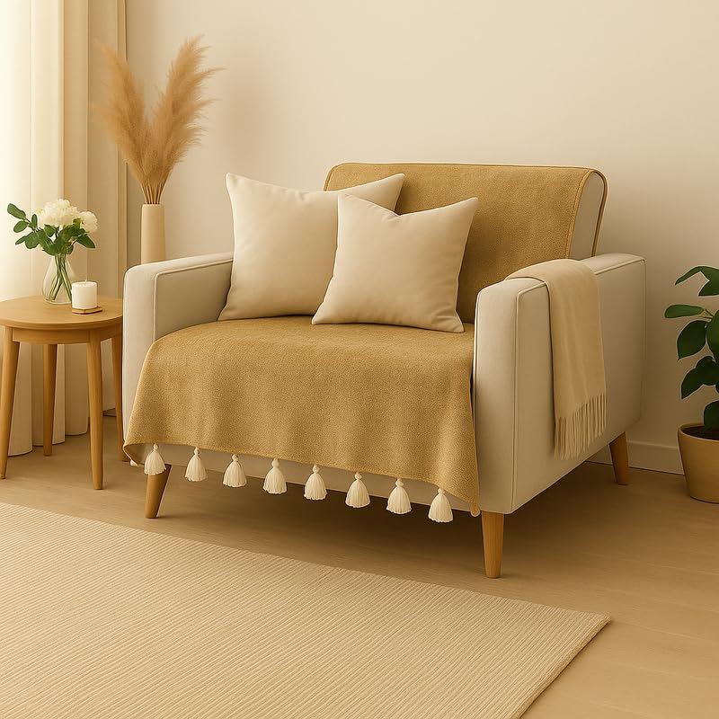 WWW.THROWPILLOW.IN Beige Sofa Cover with Tassels for Wooden Single Seater | 1-Piece Sofa Throw for Living Room | Fits Wing Chair, Dining Chair Runner | Decorative Sofa Seat Cover | Stylish Slipcover