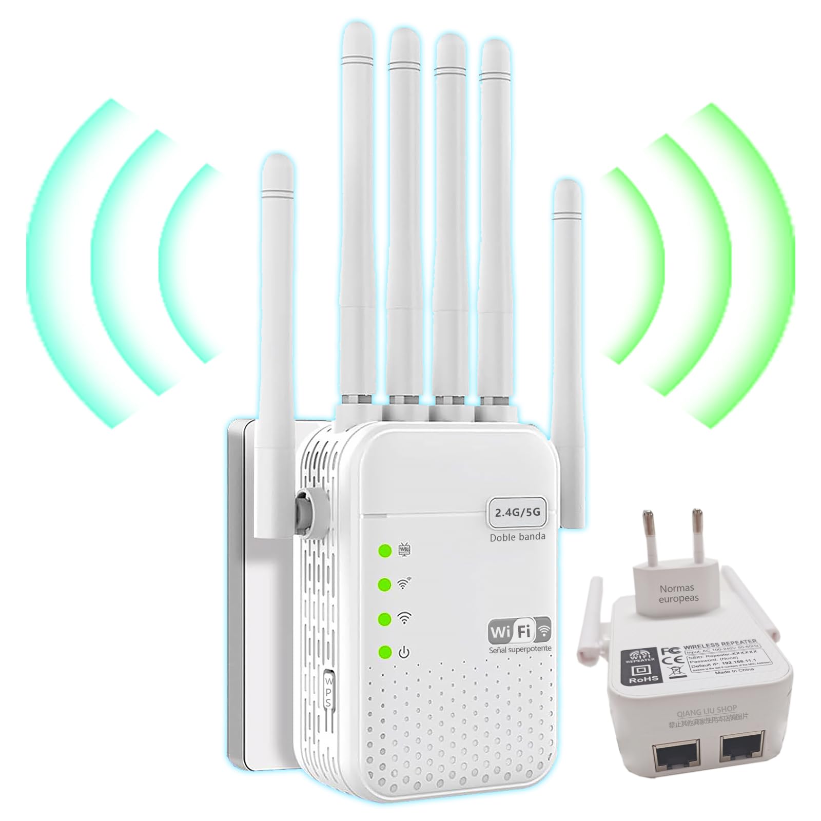 Repetidor de Doble Banda WiFi(5/2,4 GHz), con 6 Antenas y 2 Puertos Ethernet, Cobertura con Señal de Gran Penetración en Paredes, Hogar,Oficina