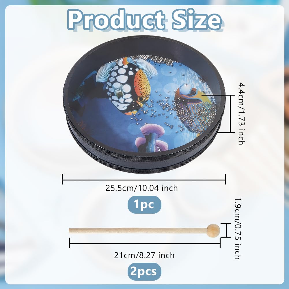 OLYCRAFT 1 Pcs Ocean Drums with 2 Pcs Wood Drumstick Wave Bead Drums With Fish Pattern 25.5cm Sea Sound Drum with Wave Beads Sea Sound Musical Percussion Instrument for Home Supplies - Image 2