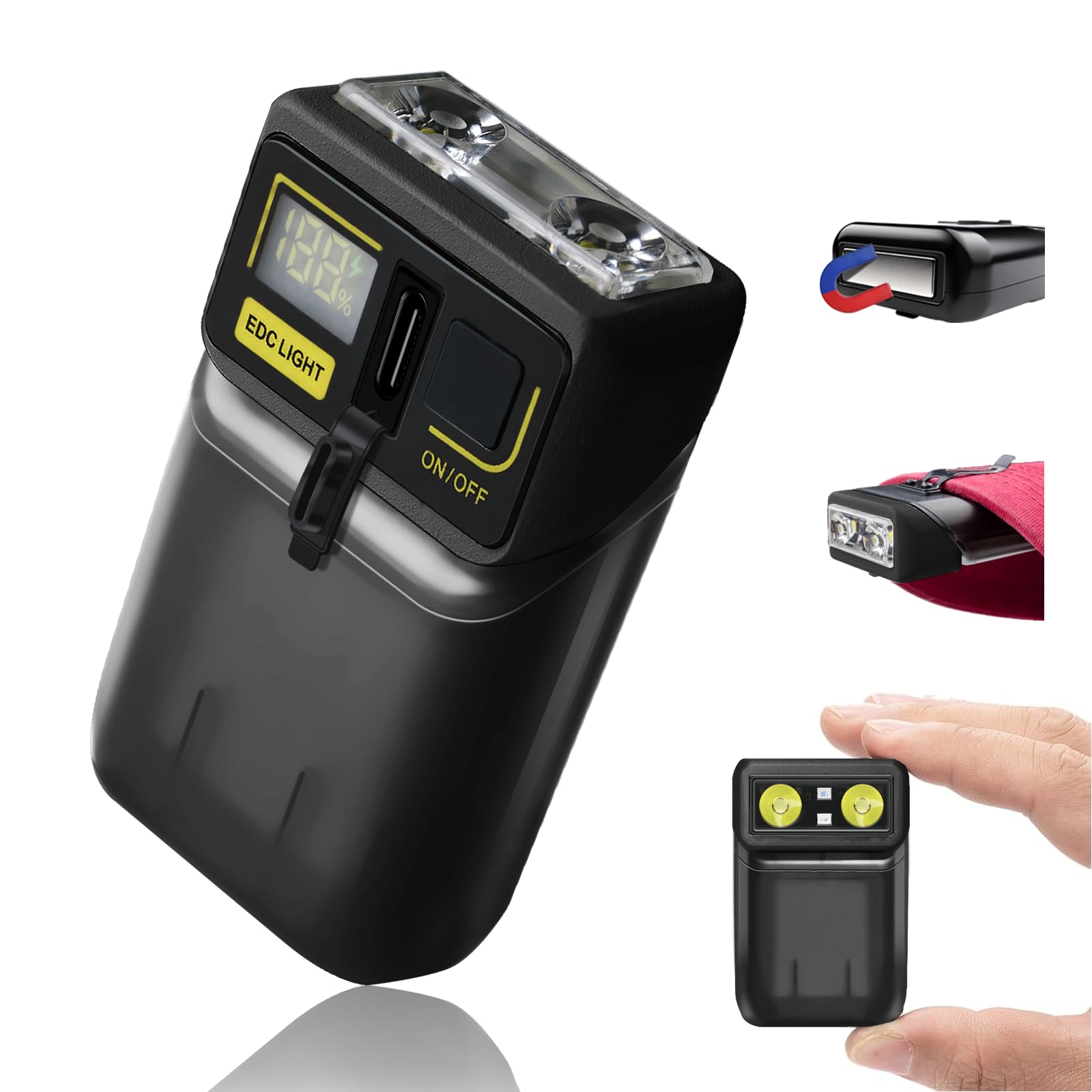 Petite lampe de poche rechargeable à clipser – Lampe de poche à clipser avec base magnétique, charge USB-C d'urgence, activités de plein air, camping, promenade du chien (noir)