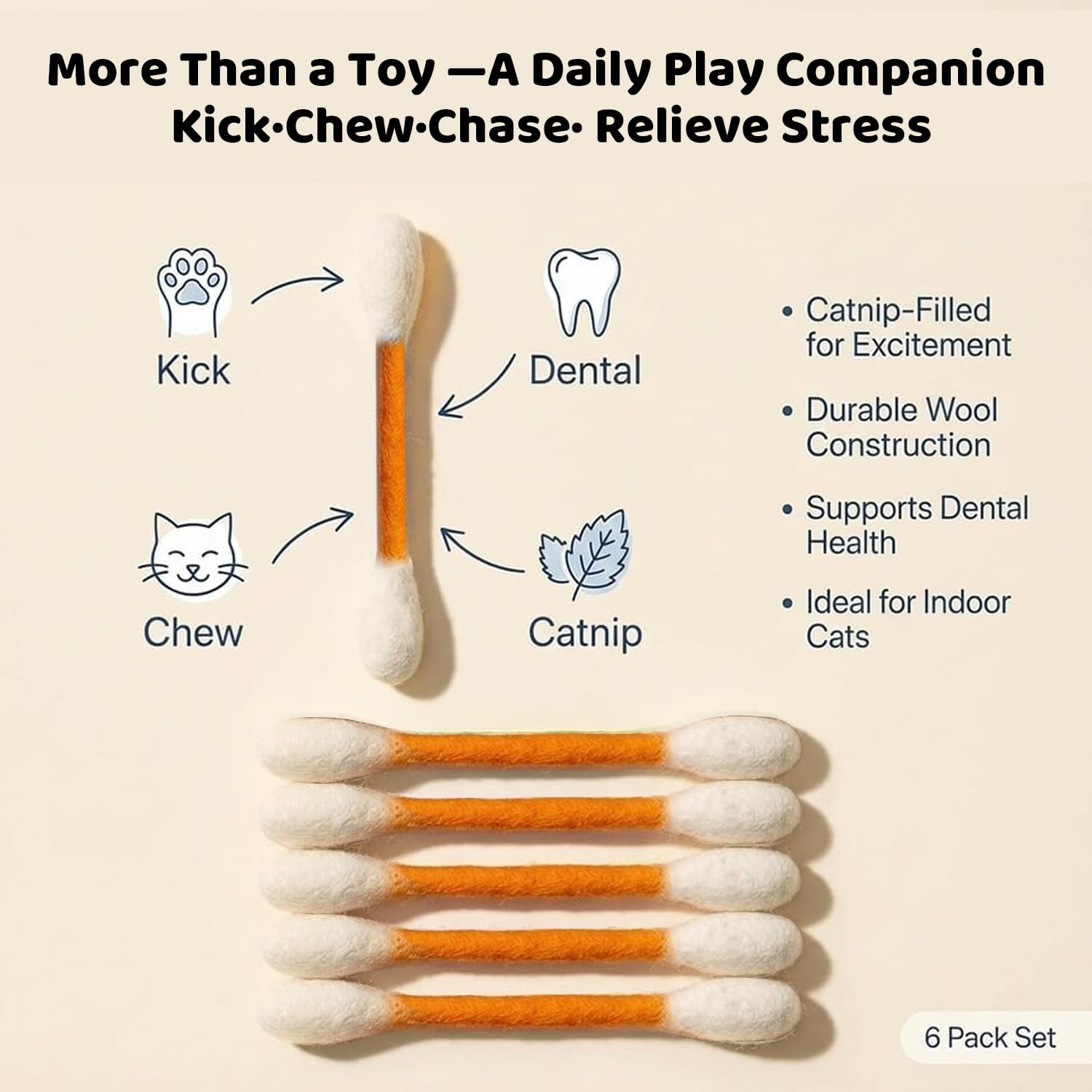 6 Pack Cotton Swabs Cat Toys with Catnip, Giant Kitten Chew Sticks, Durable Dental Teething Ropes, Interactive Cat Kicker Toy for Teeth Cleaning, for Kitty Lovers Gift — view 2