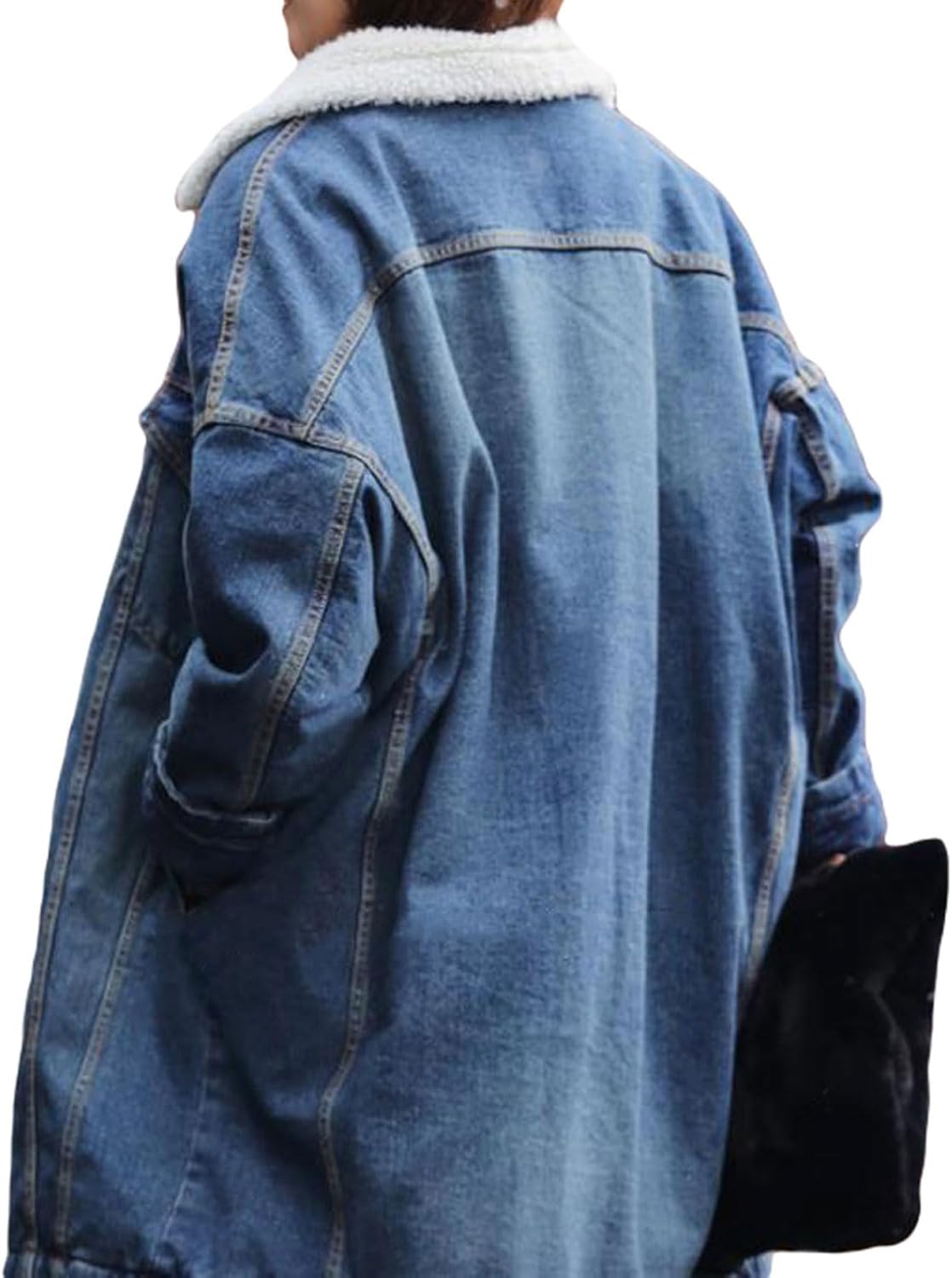 loveimgs Women Long Sherpa Fleece Lined Jeans Jacket Denim Trench Coat Thicken Button Down Patchwork Trucker Coat Overcoat - Image 4