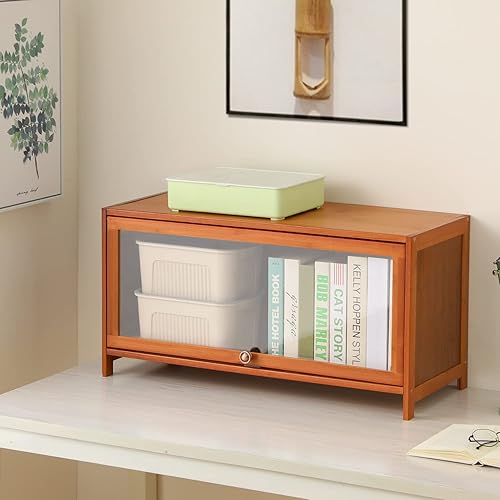 Miniatura 15 de MoNiBloom Estantería de 4 niveles con puertas acrílicas, estante organizador de bambú para ahorrar espacio para estudiantes de niños, dormitorio,