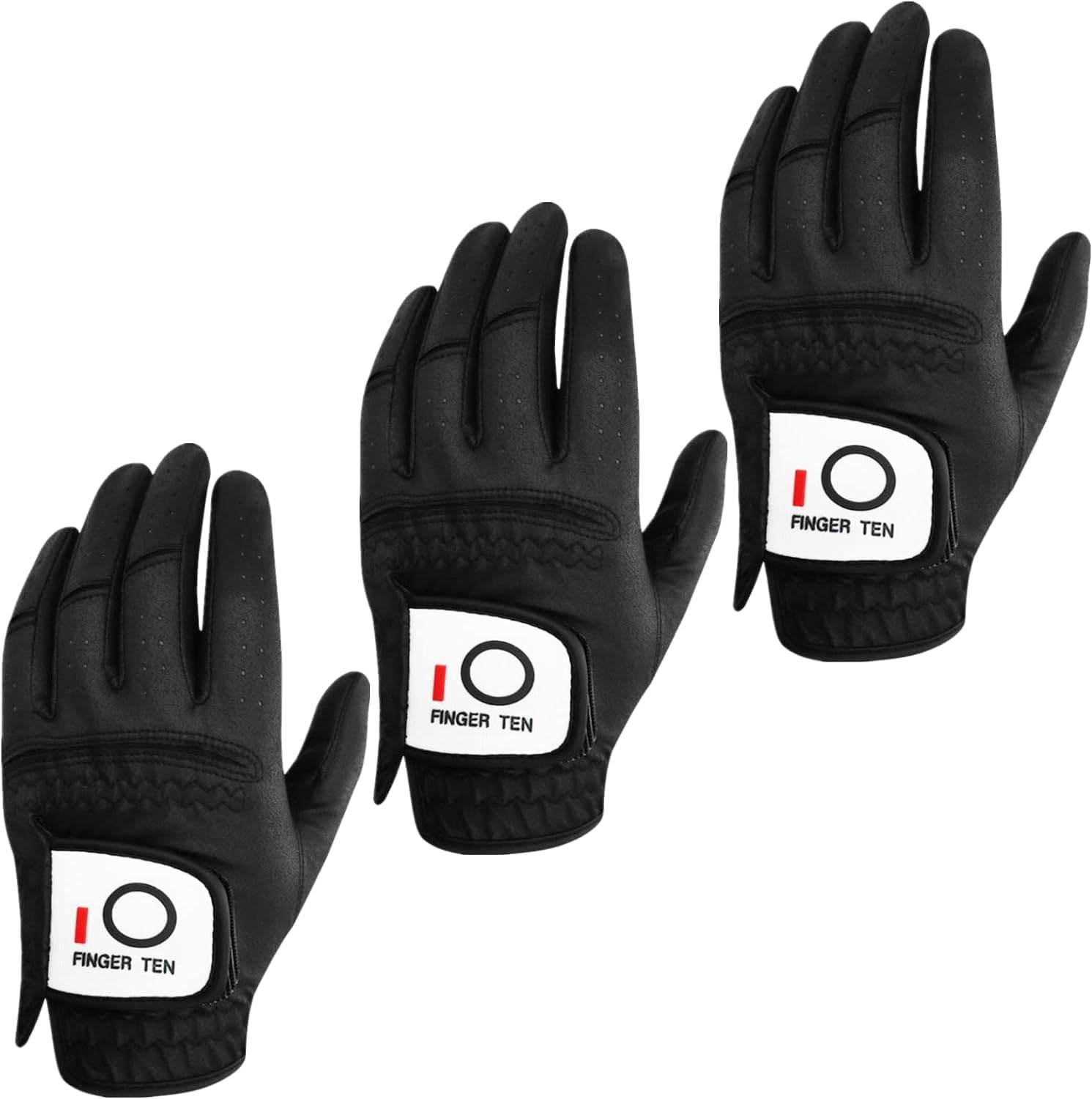 FINGER TEN Mens Golf Glove Rain Grip Value 3 Pack, Black White Left Hand Fit Right Handed Golfer, All Weather Durable Grip Size Small Medium Large XL (Black, X-Large)