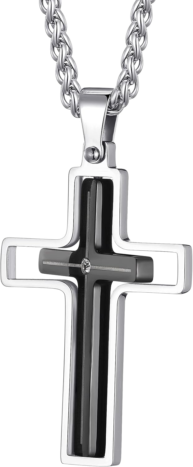 Fidget Necklace for Men Anxiety Necklace Cross Pendant Chain Spinner Necklace