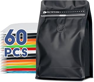 Coffee Bags with Valve(60pcs,8 oz,1/2 lb) Vented Coffee Beans Packaging Bags High Barrier Aluminumed Foil Flat Bottom Heat Sealed Side Zipper Resealable Storage Bag for Home or Business(Black)