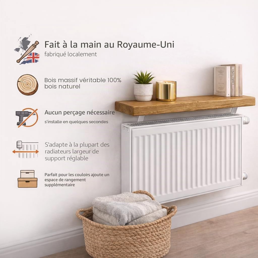 MKGT Étagère pour radiateur sans perçage | Étagère étroite et élégante rustique pour couloir (Pin rustique, 50 cm)