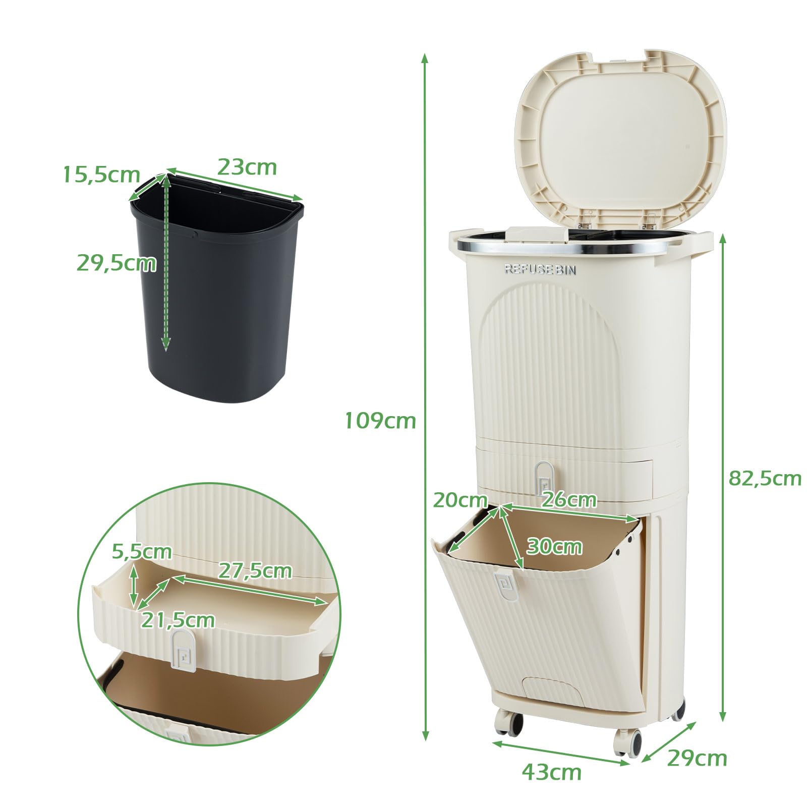 LIFEZEAL Cubo de basura con ruedas 42L y 3 compartimentos (42L) | Papelera de cocina con pedal, tapa y asa para cocina, salón y oficina