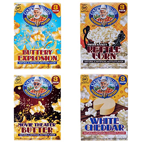 Cousin Willie's Microwave Popcorn Bags, Popcorn Variety Pack (Bundle of 4), Gourmet Popcorn Boxes for Party, Whole Grain Popcorn, Gluten Free, Low Calorie Healthy Snack, Made in USA, non-GMO