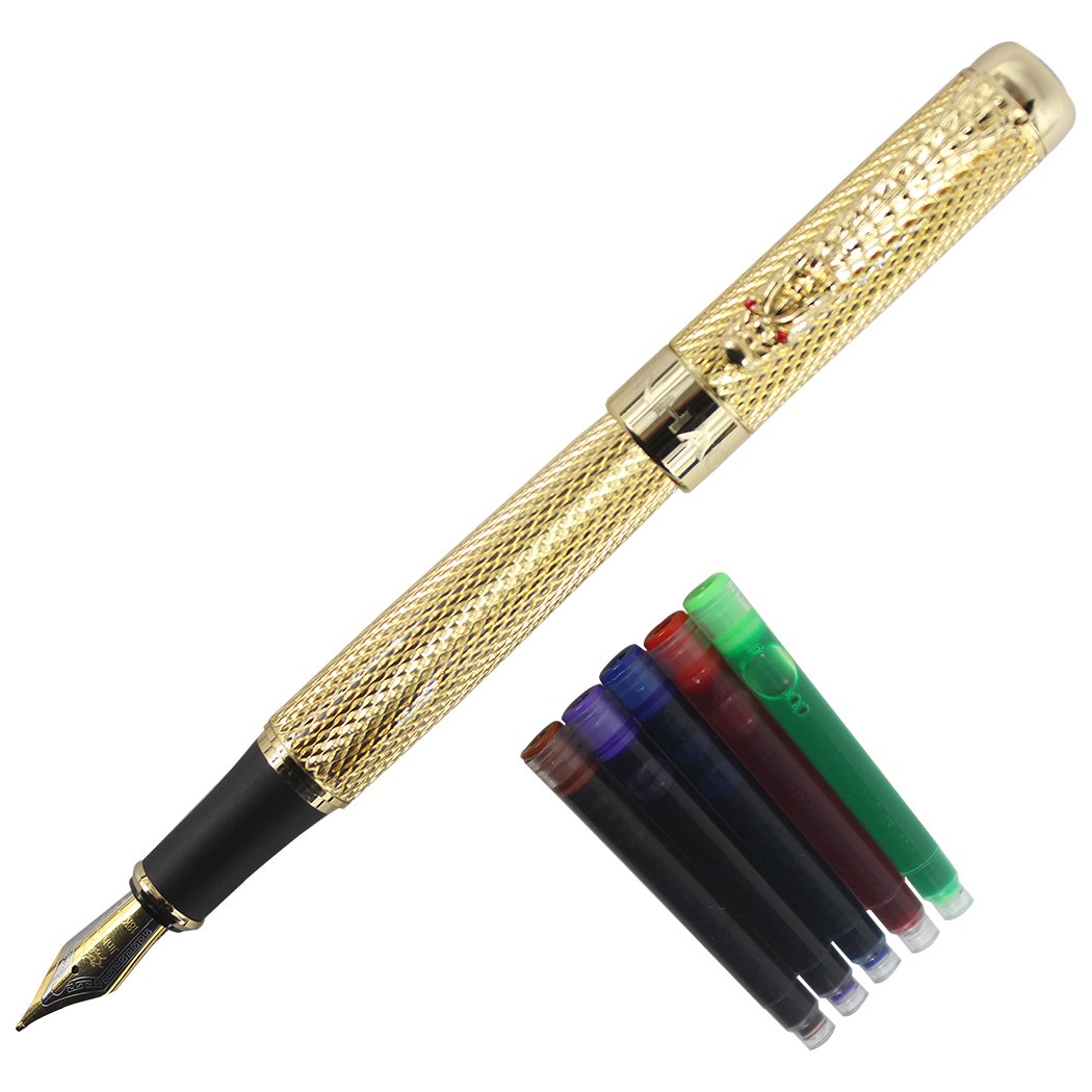 Jinhao Golden Dragon Red Crystal Eyes Fountain Pen with Push in Style Ink Converter Golden