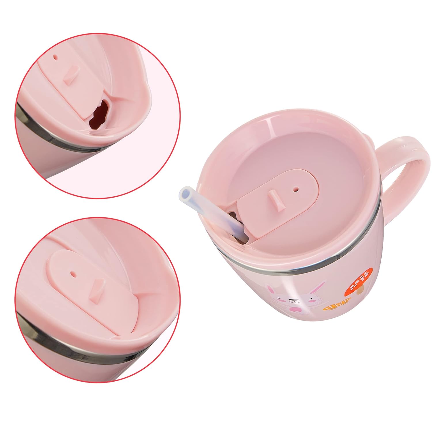 Kids Baby Toddler Cups Mug Sippy Learning Trainer Cup for Milk Coffee Hot Chocolate Stainless Steel Trainer Straw Cup with Lid, Rabbit, 7oz/Peacock pink - Image 3
