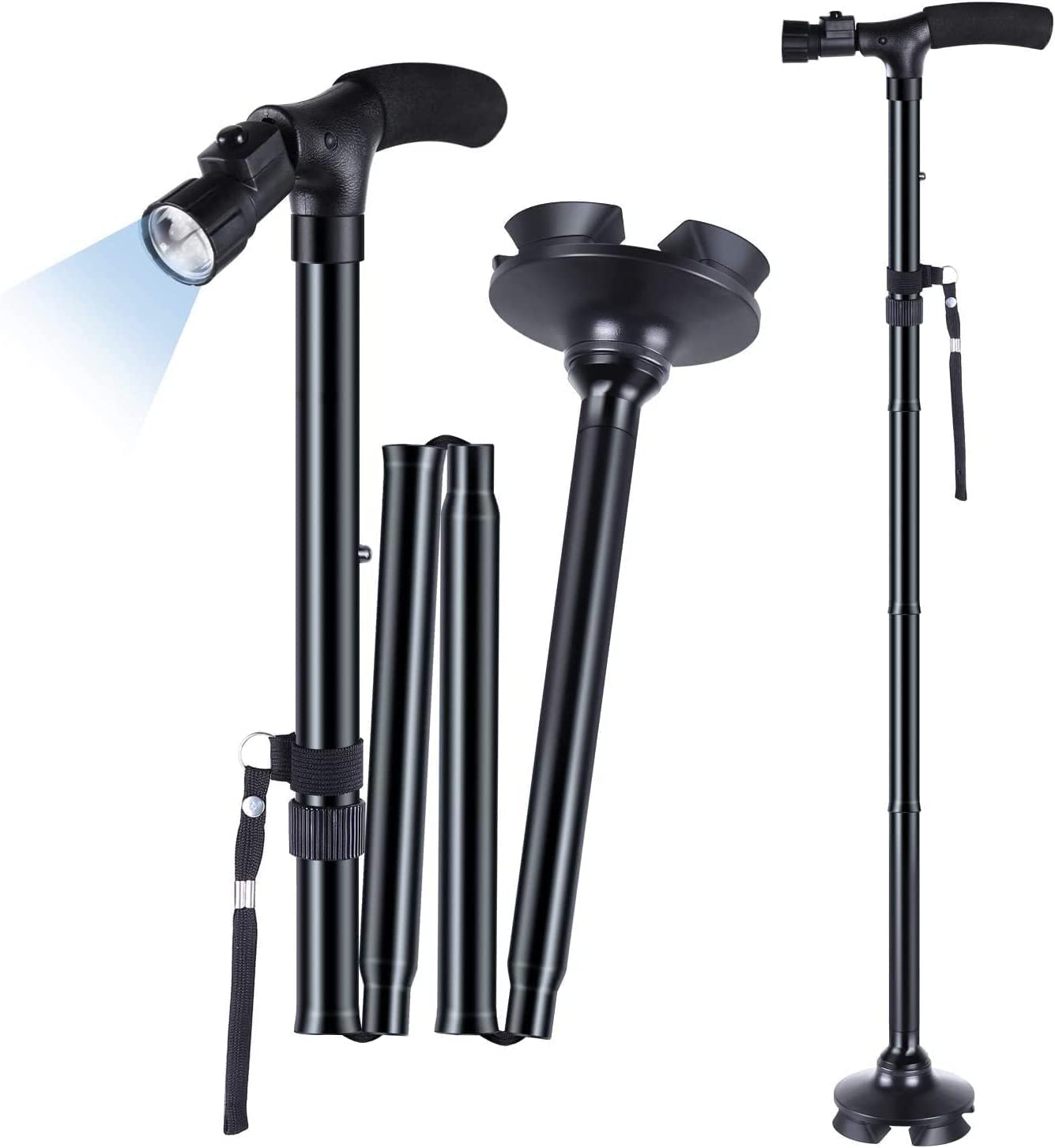 Adjustable Folding Cane, Adjustable Folding Cane with LED Light, for Old Man and Women, Black
