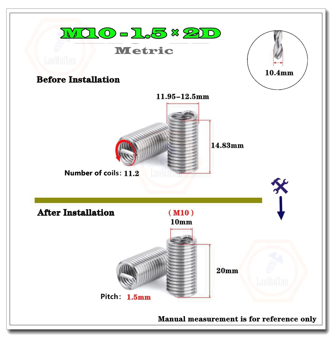 20pcs M10-1.5×2D Wire Thread Insert Assortment Metric,Stainless Steel Helicoil Type Thread Repair Insert
