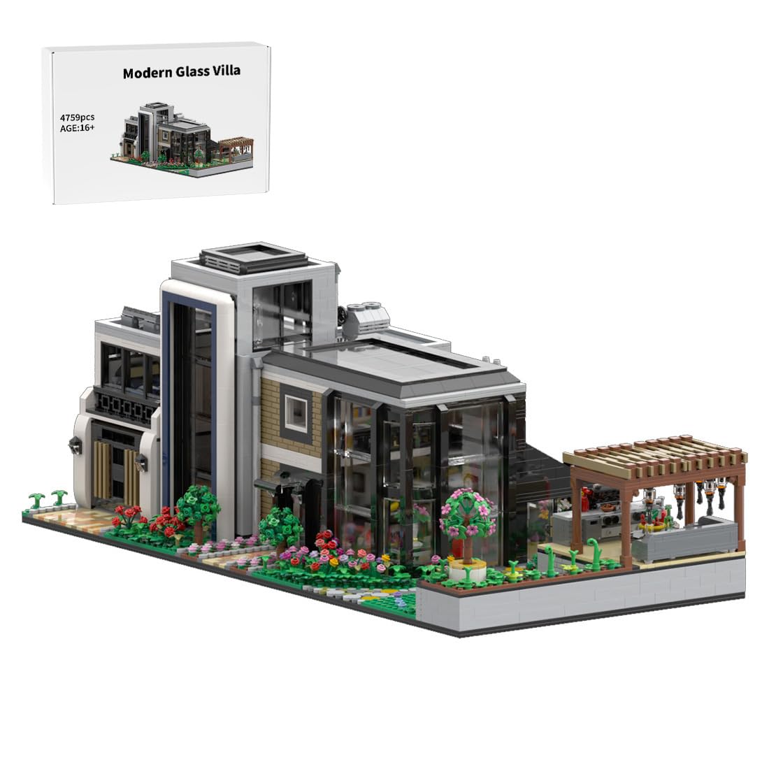 MOC-151755 Architektur Moderne Glasvilla Bausteine Set, Gebäude Haus Modular Buildings Klemmbausteine mit Garten, Home und Büro-Deko & Sammlerstück Geschenk für Erwachsene - 4759 Teile