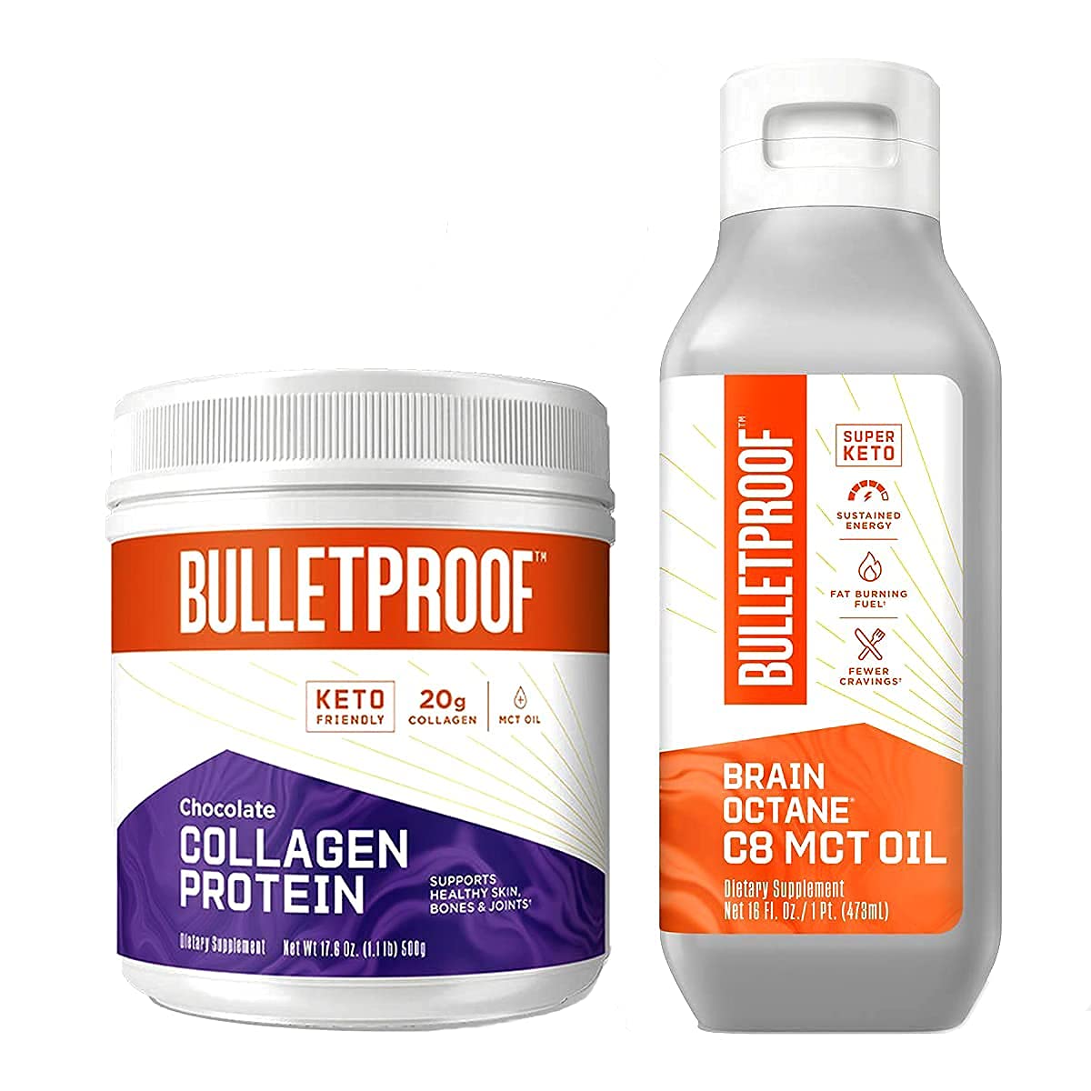 Brain Octane Premium C8 MCT Oil from Non-GMO Coconuts, 14g MCTs, 16 Fl Oz, Chocolate Collagen Protei