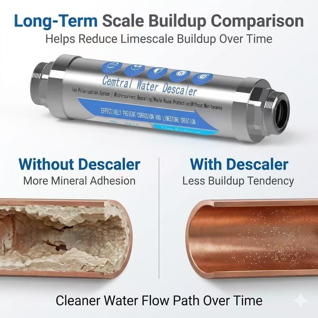 Whole House Water Descaler 3/4” NPT – Hard Water Scale Inhibitor, No Salt Physical Water Conditioner for Main Water Line, Maintenance-Free, Helps Reduce Limescale in Pipes & Appliances