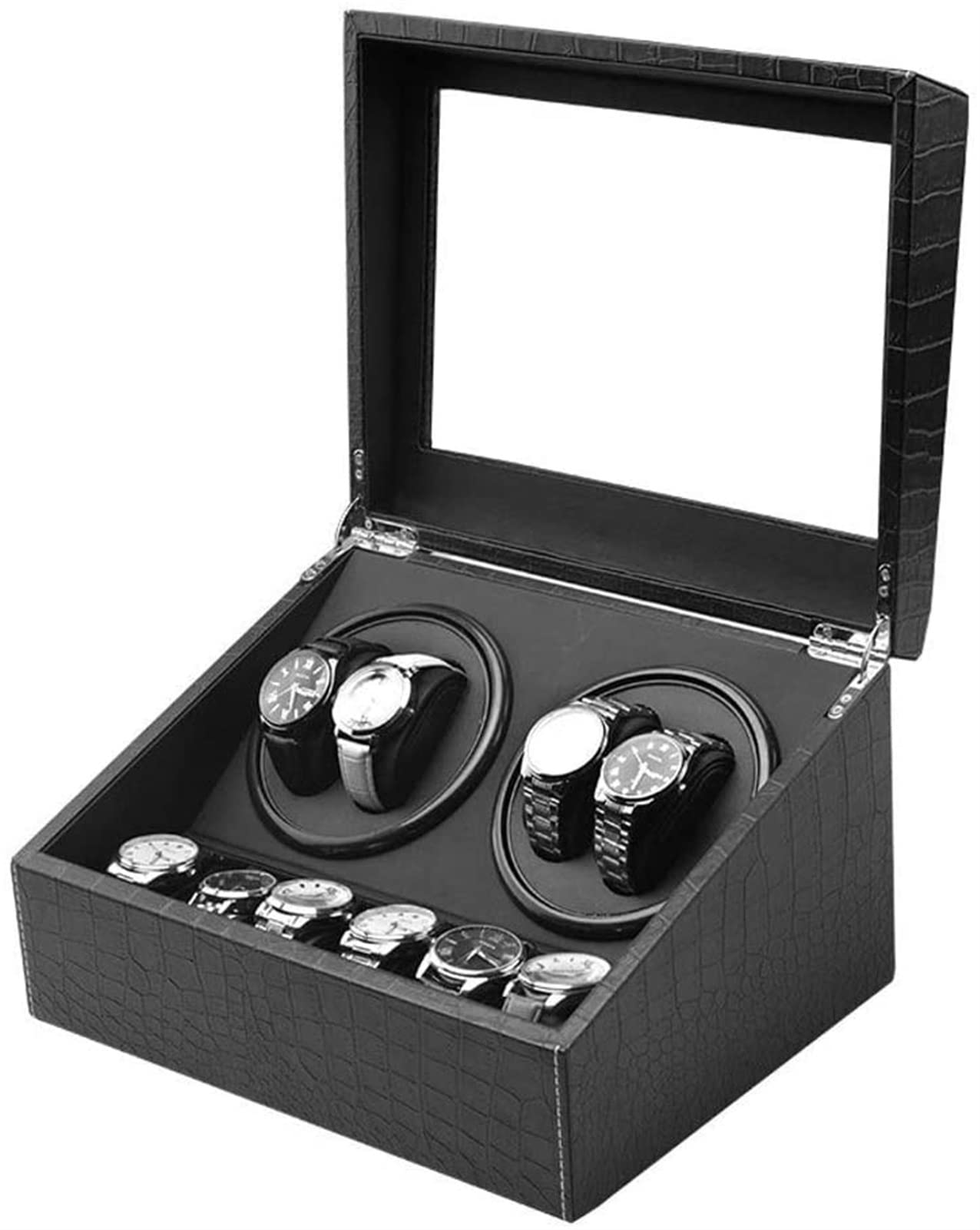 CGCSYZ Watch Winder, Quiet Motor Rotating 4 Watch + Storage 6 Watches Box Black Accessories (A)
