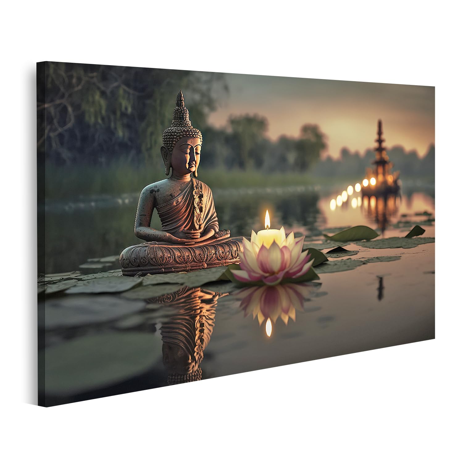 islandburner Prime Image sur toile Bouddha Méditation avec bougies et fleur de lotus dans l'eau Images murales Poster