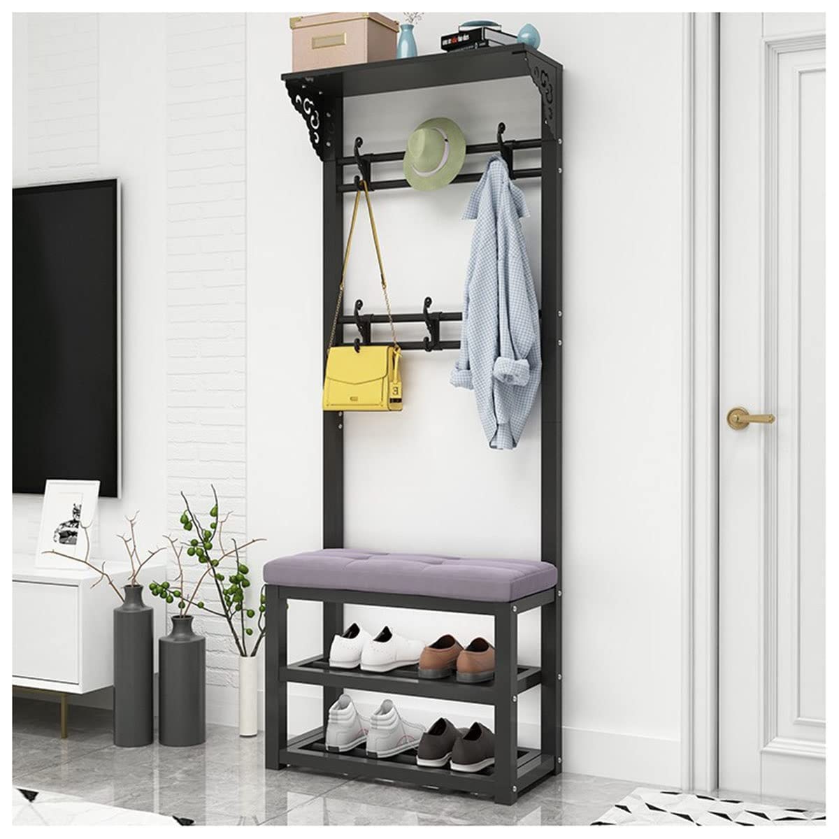 MSHGSKU Multifunctional Black Coat Rack with Shoe Bench 60cm Standalone Entryway nizer with Hooks Perfect for Shoes & Coats Space Saving Home Storage Solution