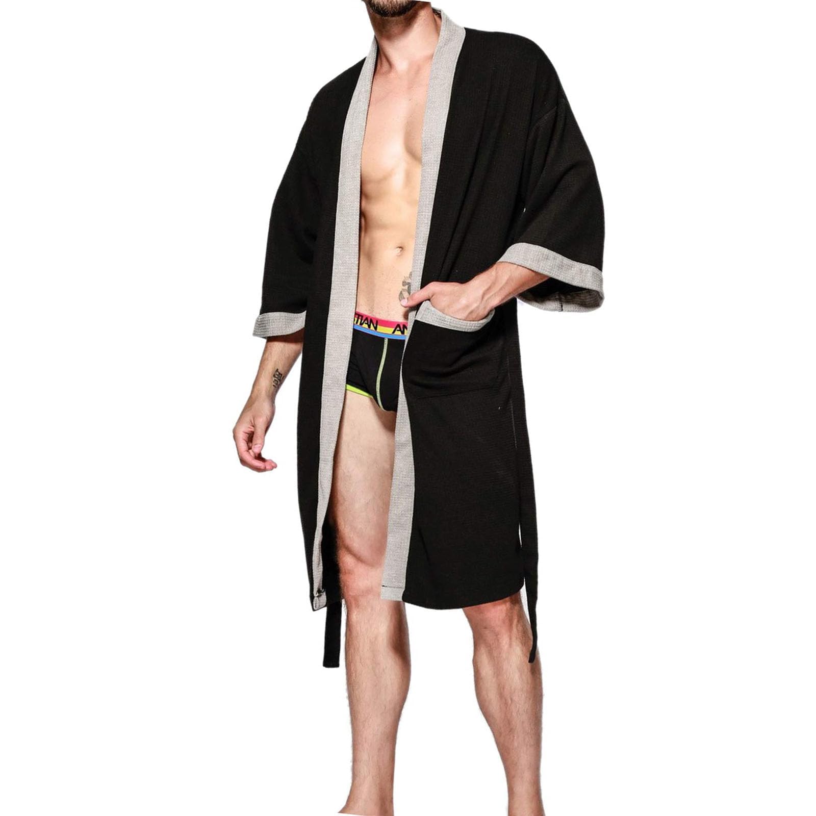 Cretuao Men's Black Summer Dressing Gowns Lightweight, 100% Cotton Dry Kimono Robe For Waffle Towelling Bathrobes Fluffy House Coat,,L