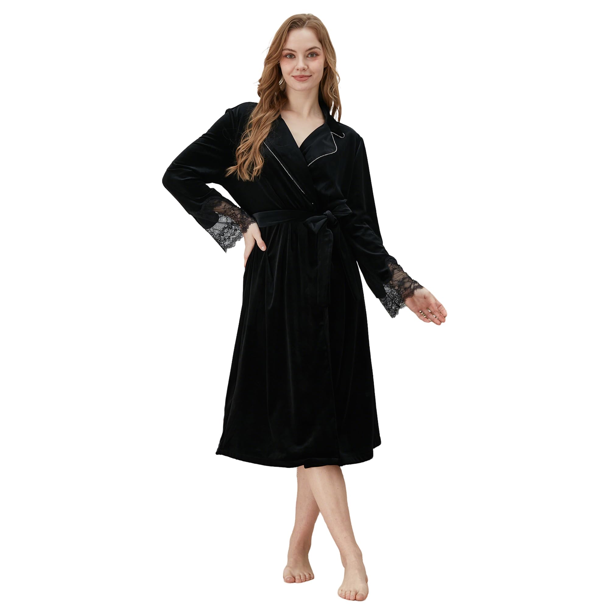 Womens Black Velvet Bathrobe with Lace Satin Silk Trim Luxurious Long Plush Robe Soft Spa Loungewear Elegant Lightweight