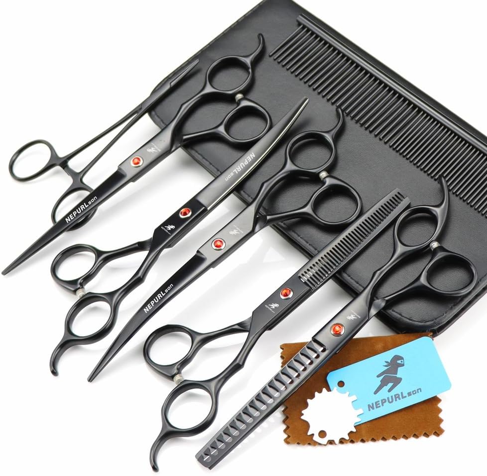 7.0in Pet Grooming Scissors Set – 5pcs Black Coated Dog Hair Cutting Kit with Straight Shears, Curved Shears, Thinning Shears, Comb and Accessories, Professional Barber Tools with Case
