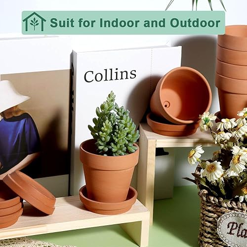 Miniatura 2 de vensovo Macetas de arcilla de terracota de 3 pulgadas para plantas con platillo, paquete de 12 macetas pequeñas de terracota ideales para el