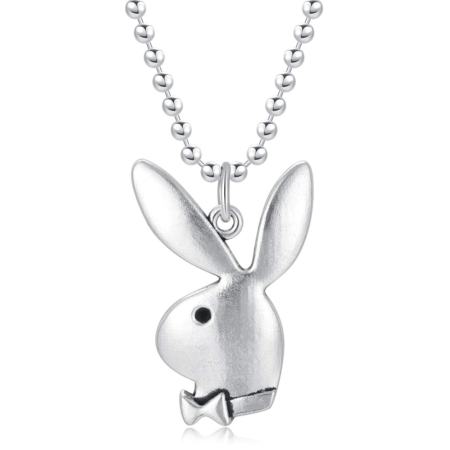SOYOKOing Bunnys Necklace 24" Rolo Chain in 304 Stainless, with Antiqued Zinc Alloy Playing Boys Rabbit Charm Pendant