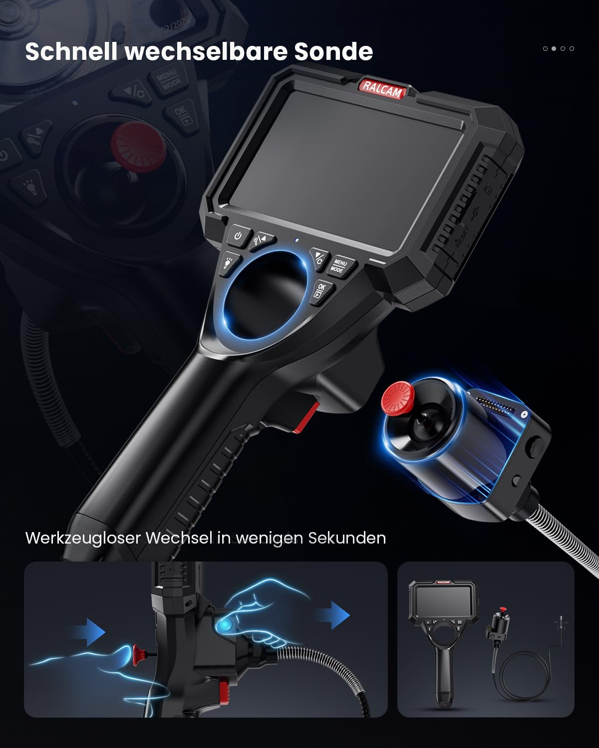 Ralcam Endoskopkamera mit Licht, Endoscope Camera mit 360° beweglichem Kopf, 6.2mm Sonde, 5" HD Bildschirm, IP67 Inspektionskamera, 1,5M Halbstarres Kabel, Rohrkamera für Auto & Haus