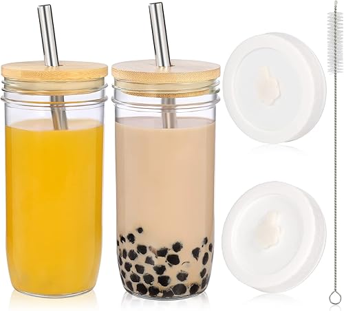 Miniatura 1 de RENYIH Paquete de 2 vasos de vidrio de 24 onzas con tapas y popotes de bambú y 2 tapas herméticas, vaso de vidrio reutilizable para batidos, vasos